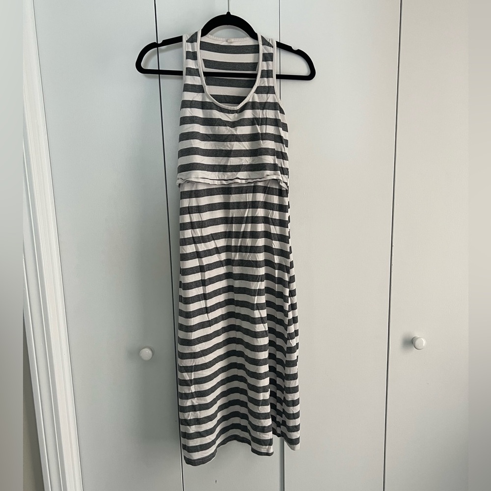 Striped Gray & White Maxi Nursing Access Tank Dress